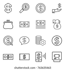 Thin line icon set : dollar, magnifier, investment, purse, money, gift, arrow, message, virtual mining, coin, receipt, mobile pay, atm