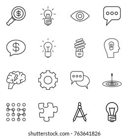 Thin line icon set : dollar magnifier, bulb, eye, message, money, head, brain, gear, discussion, target, chip, puzzle, draw compass
