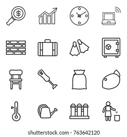 Thin line icon set : dollar magnifier, diagram, clock, notebook wireless, brick wall, suitcase, flippers, safe, chair, blender, flour, lemon, thermometer, watering can, grain elevator, garbage bin