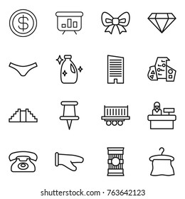 Thin line icon set : dollar, presentation, bow, diamond, underpants, cleanser, skyscraper, modern architecture, pyramid, pin, truck shipping, reception, phone, cook glove, pasta, hanger