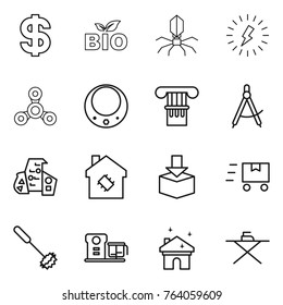 Thin line icon set : dollar, bio, virus, lightning, spinner, necklace, column, draw compass, modern architecture, smart house, package, fast deliver, whisk, food processor, cleaning, iron board