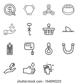 Thin line icon set : dollar arrow, hex molecule, spinner, smart bracelet, chemical industry, do not hook sign, basket, shark flipper, remote control, mixer, thermometer, horseshoe, hand leaf, drop