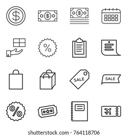 Thin line icon set : dollar, money, calendar, gift, percent, clipboard, shopping list, bag, sale label, ticket, copybook
