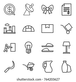 Thin line icon set : dollar arrow, satellite antenna, bow, account balance, city, greenhouse, package box, trolley, courier delivery, bulb, slippers, floor lamp, sickle, wheelbarrow, jug, shampoo
