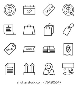 Thin line icon set : dollar, calendar, sale, arrow, shopping list, bag, label, money, tax, document, cargo top sign, map, hand dryer