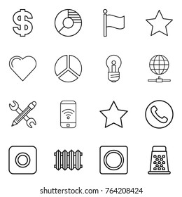 Thin line icon set : dollar, circle diagram, flag, star, heart, bulb, globe connect, pencil wrench, phone wireless, ring button, radiator, grater