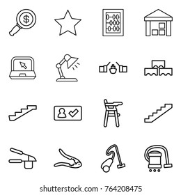 Thin line icon set : dollar magnifier, star, abacus, warehouse, notebook, table lamp, drawbridge, block wall, stairs, check in, Chair for babies, garlic clasp, walnut crack, vacuum cleaner