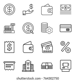 Thin line icon set : dollar, investment, wallet, money, cashbox, arrow, virtual mining, credit card, receipt, percent, atm, building