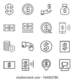Thin line icon set : dollar, investment, money bag, arrow, phone pay, virtual mining, hand coin, receipt, mobile, pin, atm