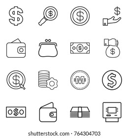 Thin line icon set : dollar, magnifier, investment, wallet, purse, money, gift, arrow, virtual mining, crypto currency, coin, atm
