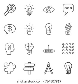 Thin line icon set : dollar magnifier, bulb, eye, message, money, head, brain, target, chip, puzzle, singlepost, draw compass