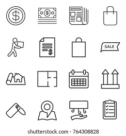 Thin line icon set : dollar, money, newspaper, shopping bag, courier, account balance, sale, project, plan, calendar, cargo top sign, label, map, hand dryer, clipboard list