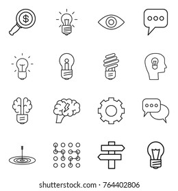 Thin line icon set : dollar magnifier, bulb, eye, message, head, brain, gear, discussion, target, chip, singlepost