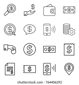 Thin line icon set : dollar magnifier, investment, wallet, money, arrow, message, phone pay, virtual mining, hand coin, receipt, account balance, mobile, pin