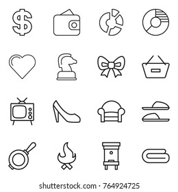 Thin line icon set : dollar, wallet, circle diagram, heart, chess horse, bow, remove from basket, tv, shoes, armchair, slippers, pan, fire, hive, towel