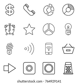 Thin line icon set : dollar, phone, circle diagram, alarm clock, star, bulb, wireless, remove from basket, right arrow, ring button, grater