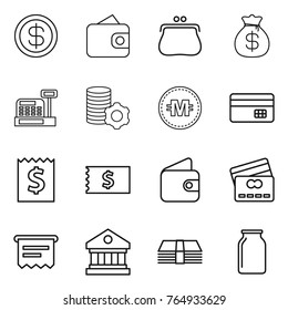 Thin line icon set : dollar, wallet, purse, money bag, cashbox, virtual mining, crypto currency, credit card, receipt, atm, library, bank