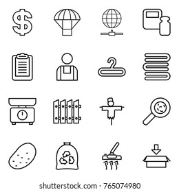Thin line icon set : dollar, parachute, globe connect, scales weight, clipboard, workman, hanger, towels, kitchen, fence, scarecrow, viruses, potato, garbage bag, vacuum cleaner, package