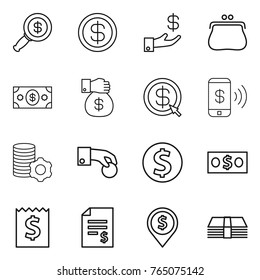 Thin line icon set : dollar magnifier, investment, purse, money, gift, arrow, phone pay, virtual mining, hand coin, receipt, account balance, pin