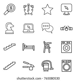 Thin line icon set : dollar magnifier, alarm clock, star, monitor arrow, chess horse, notebook, discussion, drawbridge, stairs, bed, Chair for babies, washing machine, garlic clasp, vacuum cleaner