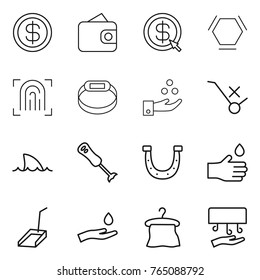 Thin line icon set : dollar, wallet, arrow, hex molecule, fingerprint, smart bracelet, chemical industry, do not trolley sign, shark flipper, blender, horseshoe, hand drop, scoop, and, hanger, dryer