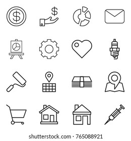 Thin line icon set : dollar, investment, circle diagram, mail, presentation, gear, heart, spark plug, repair, map, money, cart, home, house, syringe