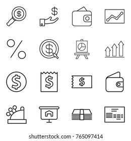 Thin line icon set : dollar magnifier, investment, wallet, statistics, percent, arrow, presentation, graph up, coin, receipt, cashbox, money, invoice