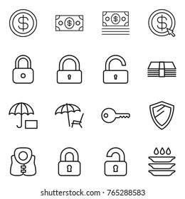 Thin line icon set : dollar, money, arrow, lock, unlock, insurance, lounger, key, shield, life vest, locked, unlocked, plate washing