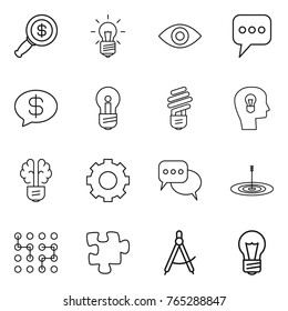 Thin line icon set : dollar magnifier, bulb, eye, message, money, head, brain, gear, discussion, target, chip, puzzle, draw compass