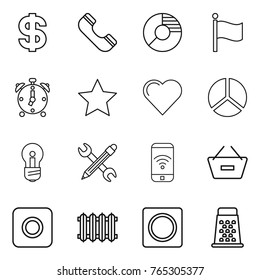 Thin line icon set : dollar, phone, circle diagram, flag, alarm clock, star, heart, bulb, pencil wrench, wireless, remove from basket, ring button, radiator, grater
