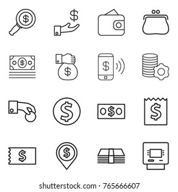 Thin line icon set : dollar magnifier, investment, wallet, purse, money, gift, phone pay, virtual mining, hand coin, receipt, pin, atm