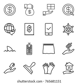 Thin line icon set : dollar, money gift, arrow, delivery, tax, mobile checking, handwheel, shark flipper, remote control, curtain, harvest, hand leaf, scraper, gloves, housing
