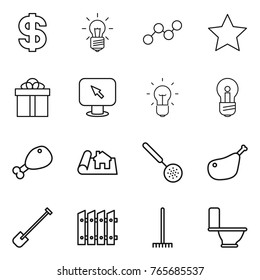 Thin line icon set : dollar, bulb, graph, star, gift, monitor arrow, chicken leg, project, skimmer, shovel, fence, rake, toilet