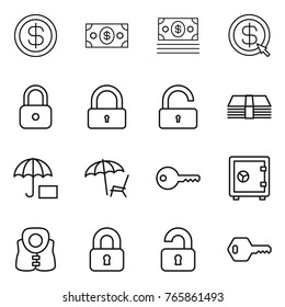 Thin line icon set : dollar, money, arrow, lock, unlock, insurance, lounger, key, safe, life vest, locked, unlocked