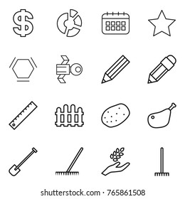 Thin line icon set : dollar, circle diagram, calendar, star, hex molecule, satellite, pencil, ruler, fence, potato, chicken leg, shovel, rake, harvest
