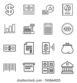 Thin line icon set : dollar, money, diagram, annual report, graph, cashbox, calculator, crypto currency, account balance, mobile pay, purse, bar code, atm receipt, library