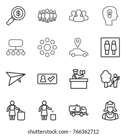 Thin line icon set : dollar magnifier, team, group, bulb head, structure, round around, car pointer, wc, deltaplane, check in, inspector, garden cleaning, garbage bin, home call, cleaner