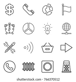 Thin line icon set : dollar, phone, circle diagram, flag, alarm clock, bulb, globe connect, pencil wrench, wireless, remove from basket, right arrow, radiator, ring button, grater