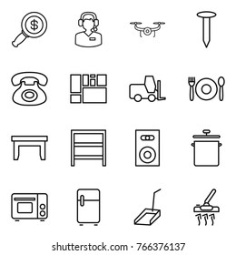 Thin line icon set : dollar magnifier, call center, drone, nail, phone, consolidated cargo, fork loader, cafe, table, rack, speaker, pan, grill oven, fridge, scoop, vacuum cleaner