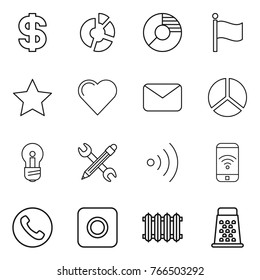 Thin line icon set : dollar, circle diagram, flag, star, heart, mail, bulb, pencil wrench, wireless, phone, ring button, radiator, grater