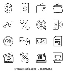 Thin line icon set : dollar, receipt, wallet, purse, graph, percent, arrow, phone pay, crypto currency, hand coin, money, account balance, credit card, cashbox, atm