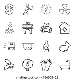 Thin line icon set : dollar, courier, lightning, nuclear, infinity power, arch, modern architecture, smart house, fast deliver, colander, ketchup, rabbit, wasp, garden, gloves, bath