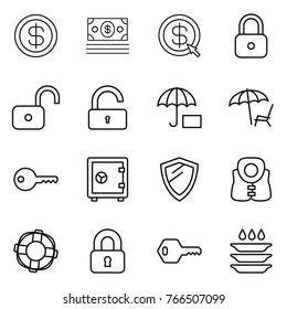 Thin line icon set : dollar, money, arrow, lock, unlock, insurance, lounger, key, safe, shield, life vest, lifebuoy, locked, plate washing