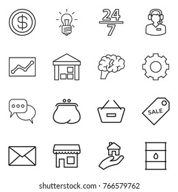 Thin line icon set : dollar, bulb, 24 7, call center, statistics, warehouse, brain, gear, discussion, purse, remove from basket, sale label, mail, shop, real estate, barrel