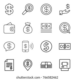 Thin line icon set : dollar, magnifier, investment, wallet, money bag, arrow, message, phone pay, coin, account balance, pin, atm