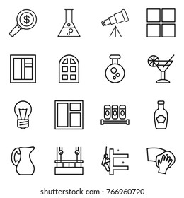 Thin line icon set : dollar magnifier, flask, telescope, window, arch, chemical, cocktail, bulb, spices, ketchup, jug, skysrcapers cleaning, skyscrapers, wiping