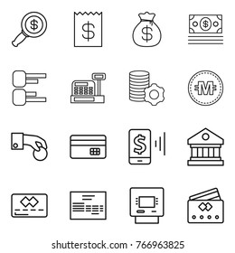 Thin line icon set : dollar magnifier, receipt, money bag, diagram, cashbox, virtual mining, crypto currency, hand coin, credit card, mobile pay, library, invoice, atm