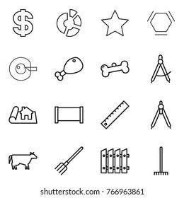 Thin line icon set : dollar, circle diagram, star, hex molecule, cell corection, chicken leg, bone, draw compass, project, fence, ruler, drawing compasses, cow, fork, rake