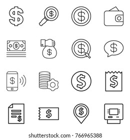 Thin line icon set : dollar, magnifier, wallet, money, gift, arrow, message, phone pay, virtual mining, coin, receipt, account balance, pin, atm