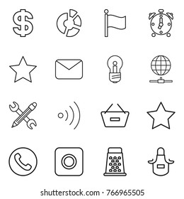 Thin line icon set : dollar, circle diagram, flag, alarm clock, star, mail, bulb, globe connect, pencil wrench, wireless, remove from basket, phone, ring button, grater, apron